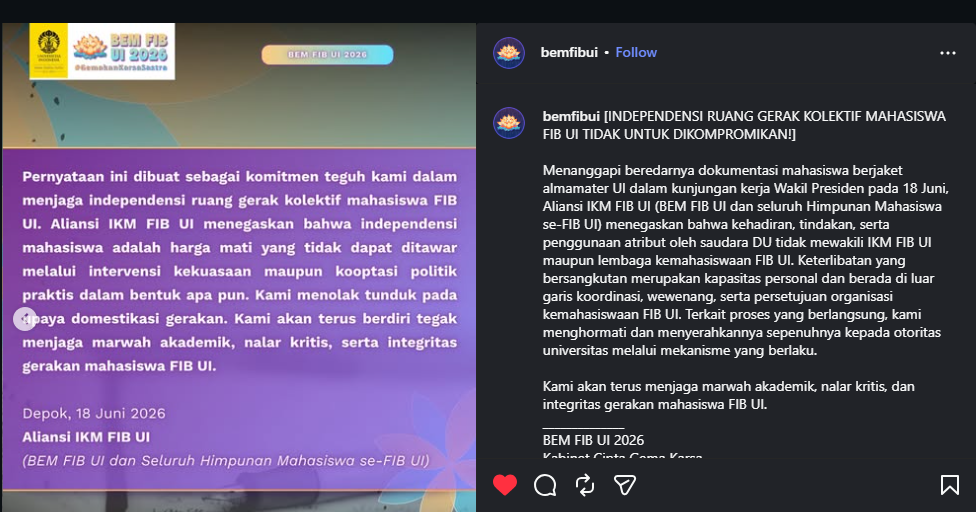 Aliansi IKM dan BEM FIB UI Buka Suara Soal Mahasiswa Berjaket Almamater UI Ikut Kunker Bersama Wapres Gibran